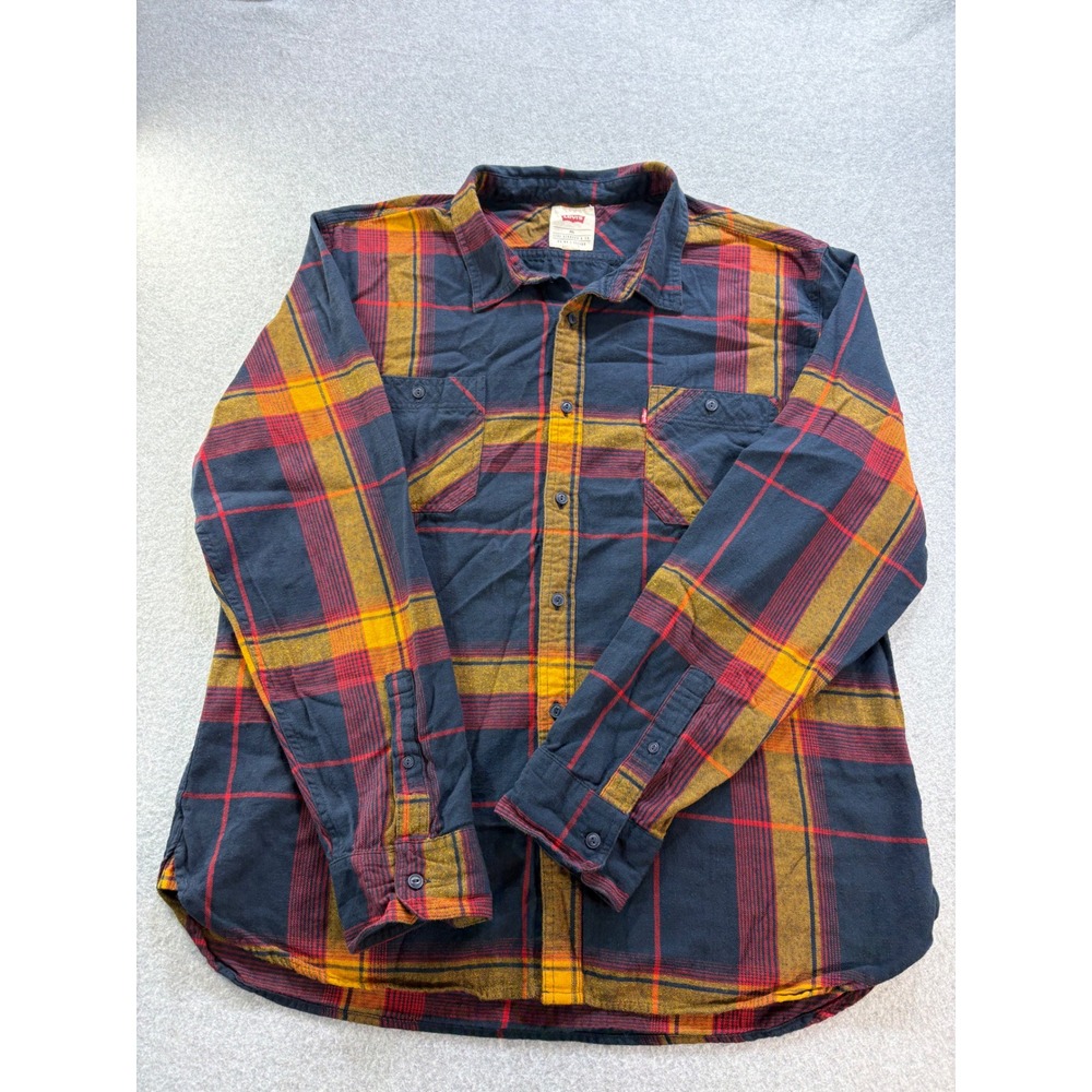 Levis Mens XXL Flannel Shirt Navy Red Yellow Plaid Long Sleeve Cotton 3LYLW9692